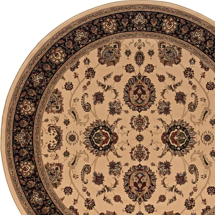 8' Ivory And Black Oriental Round Rug Photo 4