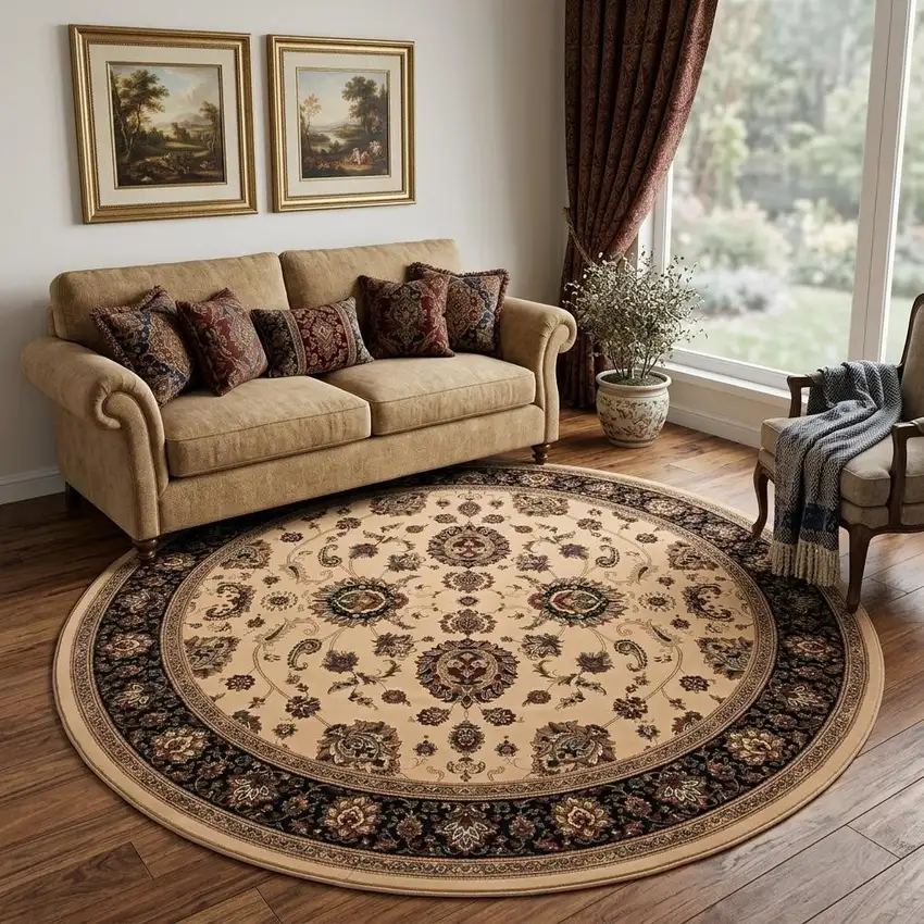 8' Ivory And Black Oriental Round Rug Photo 1