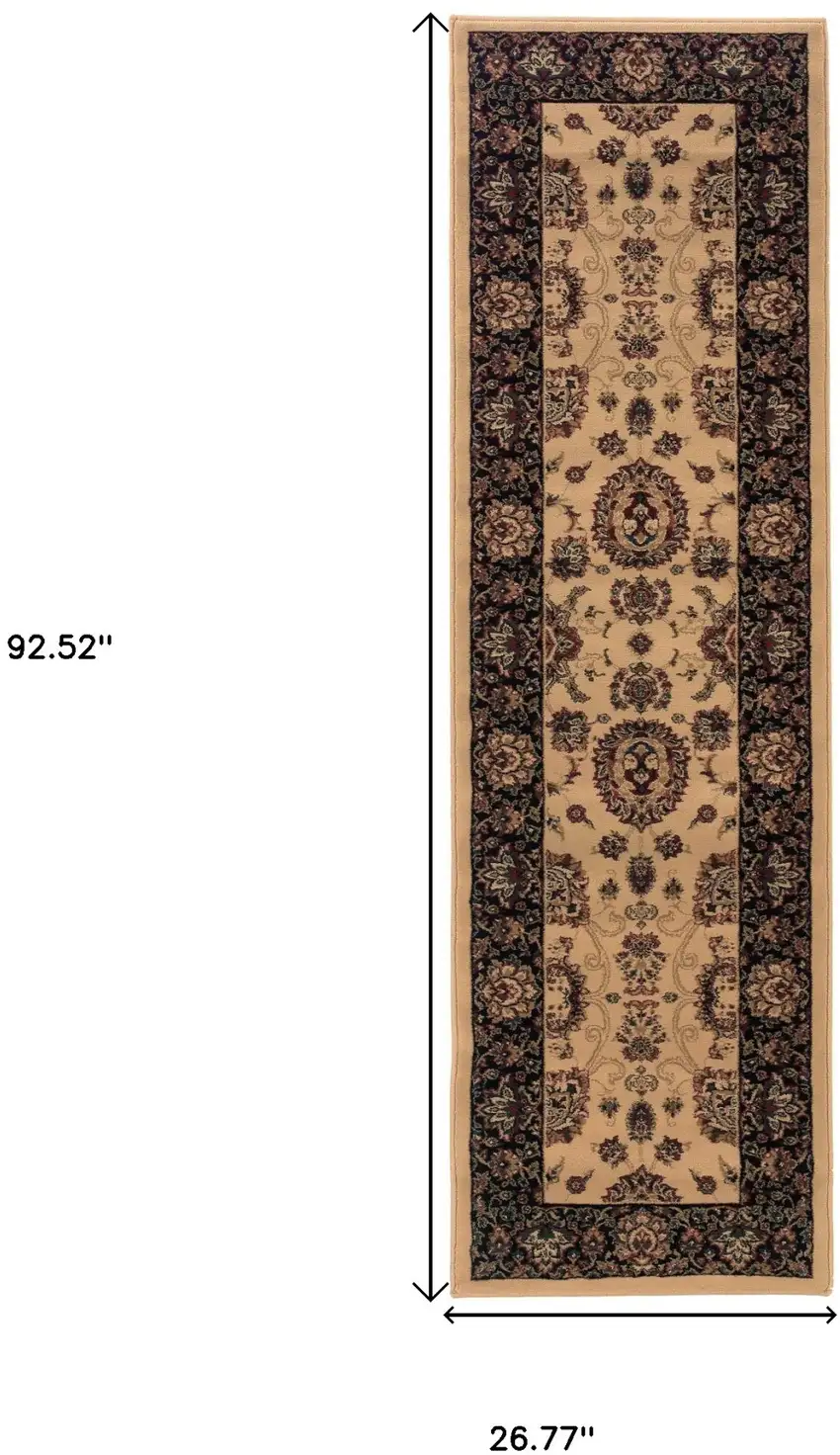 8' Ivory And Black Oriental Runner Rug Photo 3