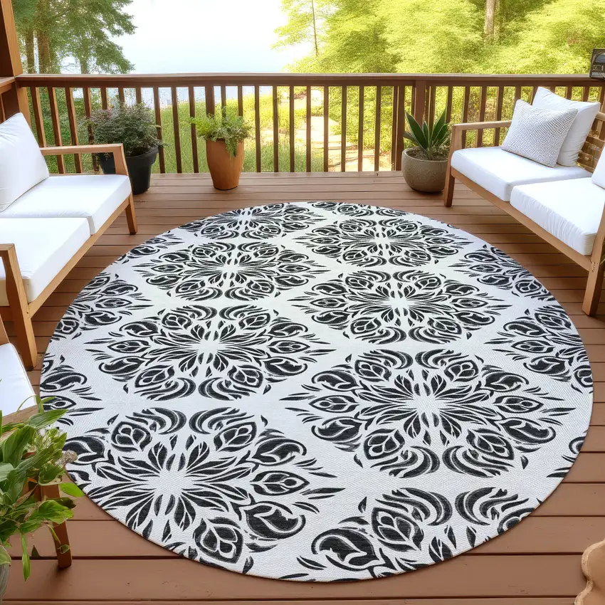 8' Ivory And Black Round Damask Washable Indoor Outdoor Area Rug Photo 3