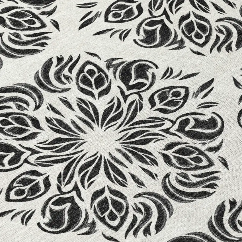8' Ivory And Black Round Damask Washable Indoor Outdoor Area Rug Photo 5