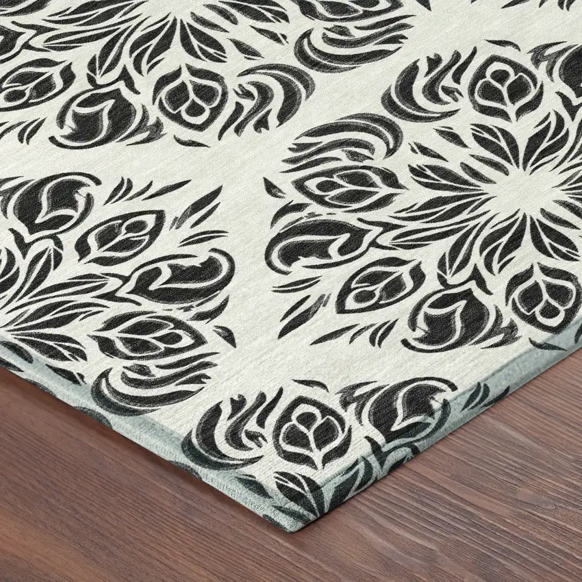 8' Ivory And Black Round Damask Washable Indoor Outdoor Area Rug Photo 2