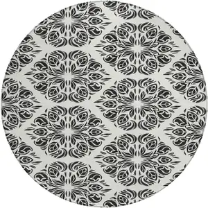 Photo of 8' Ivory And Black Round Damask Washable Indoor Outdoor Area Rug