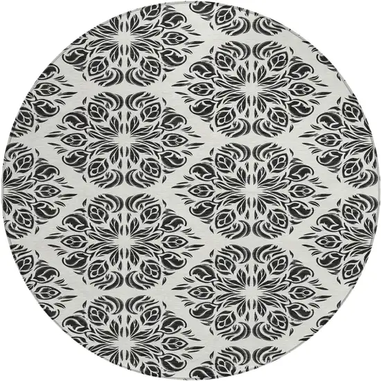 8' Ivory And Black Round Damask Washable Indoor Outdoor Area Rug Photo 1