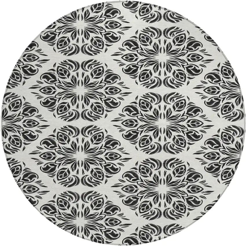 8' Ivory And Black Round Damask Washable Indoor Outdoor Area Rug Photo 1