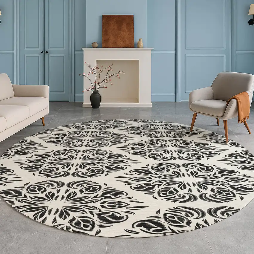 8' Ivory And Black Round Damask Washable Indoor Outdoor Area Rug Photo 4