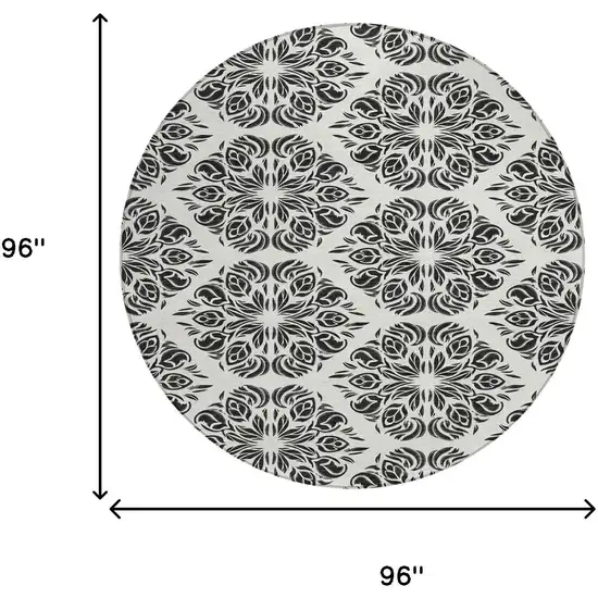 8' Ivory And Black Round Damask Washable Indoor Outdoor Area Rug Photo 6