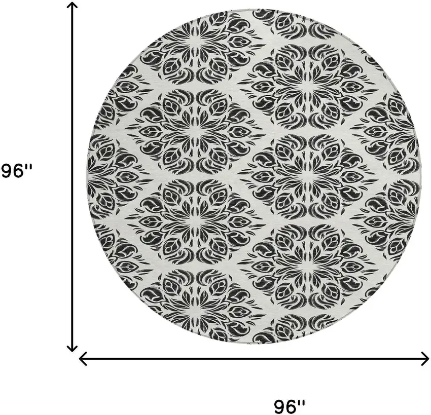 8' Ivory And Black Round Damask Washable Indoor Outdoor Area Rug Photo 6