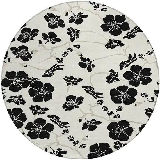 8' Ivory And Black Round Floral Washable Indoor Outdoor Area Rug Photo 2