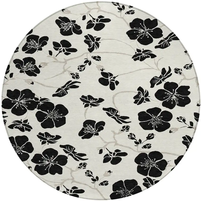 8' Ivory And Black Round Floral Washable Indoor Outdoor Area Rug Photo 2