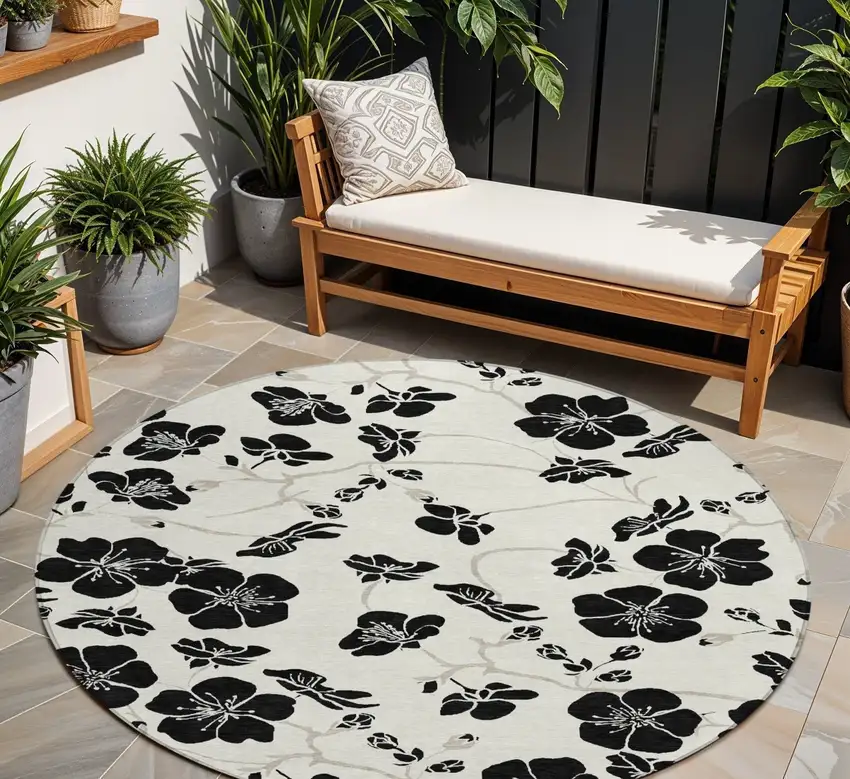8' Ivory And Black Round Floral Washable Indoor Outdoor Area Rug Photo 1