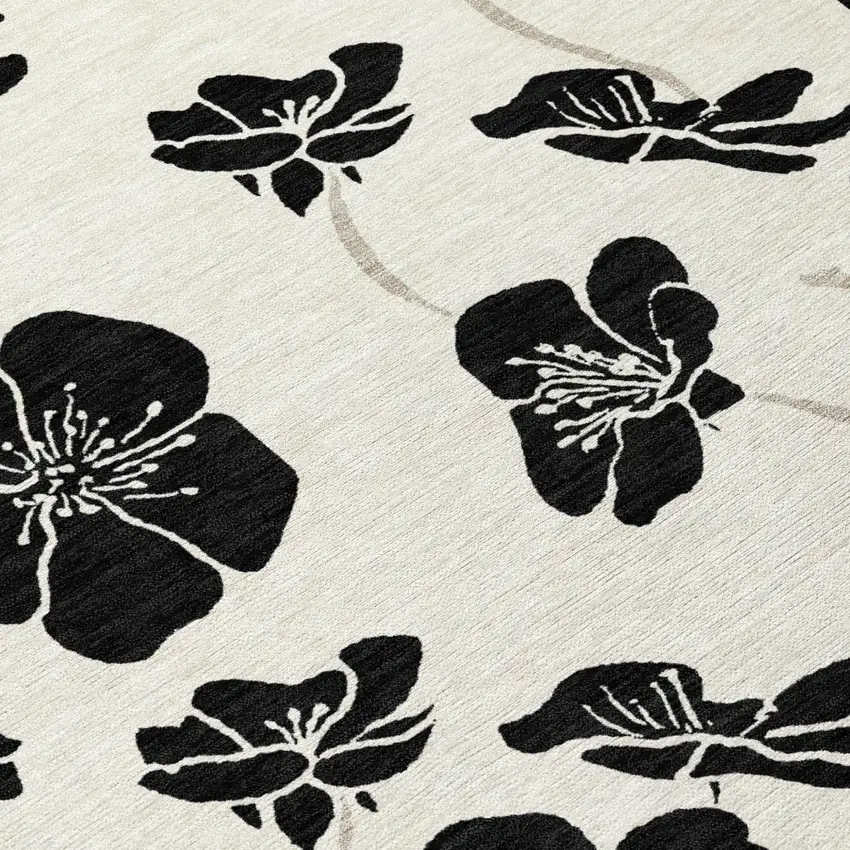 8' Ivory And Black Round Floral Washable Indoor Outdoor Area Rug Photo 8