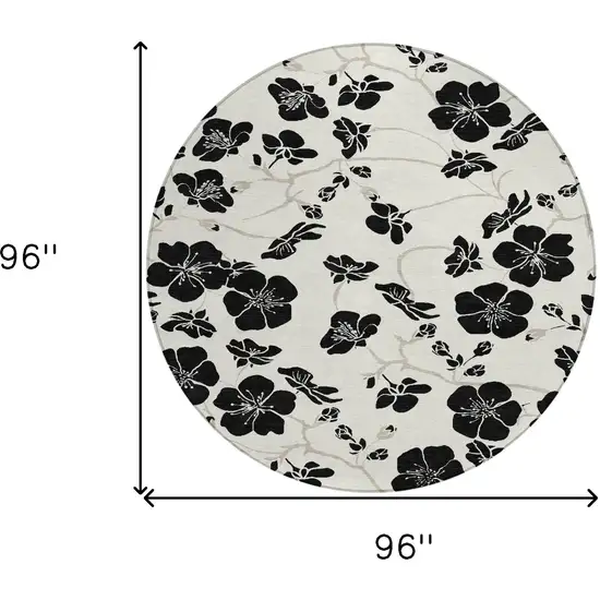 8' Ivory And Black Round Floral Washable Indoor Outdoor Area Rug Photo 3
