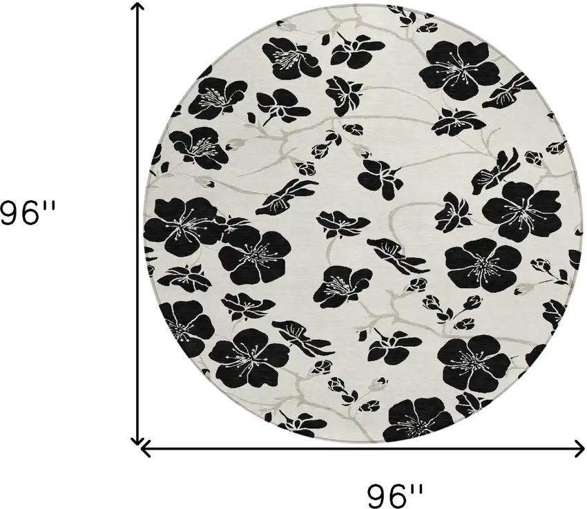 8' Ivory And Black Round Floral Washable Indoor Outdoor Area Rug Photo 3