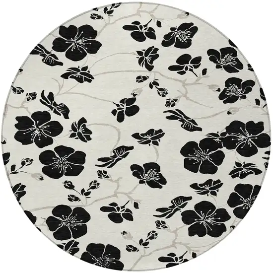 8' Ivory And Black Round Floral Washable Indoor Outdoor Area Rug Photo 5