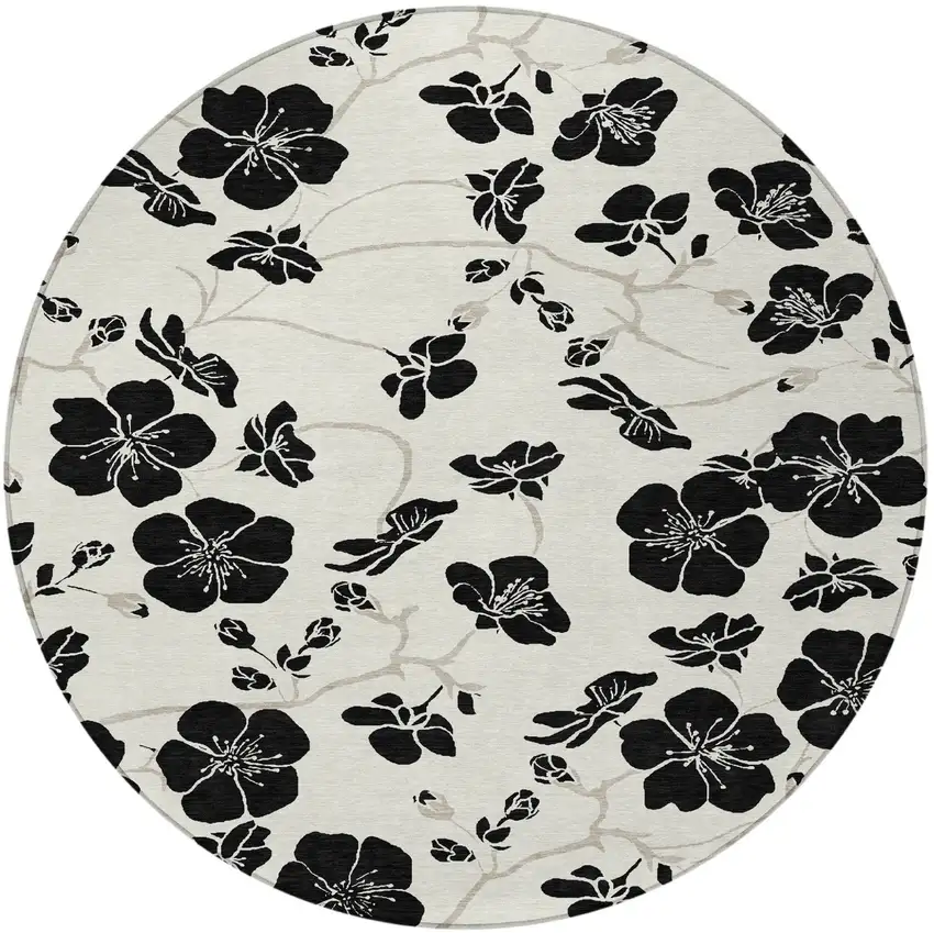 8' Ivory And Black Round Floral Washable Indoor Outdoor Area Rug Photo 5