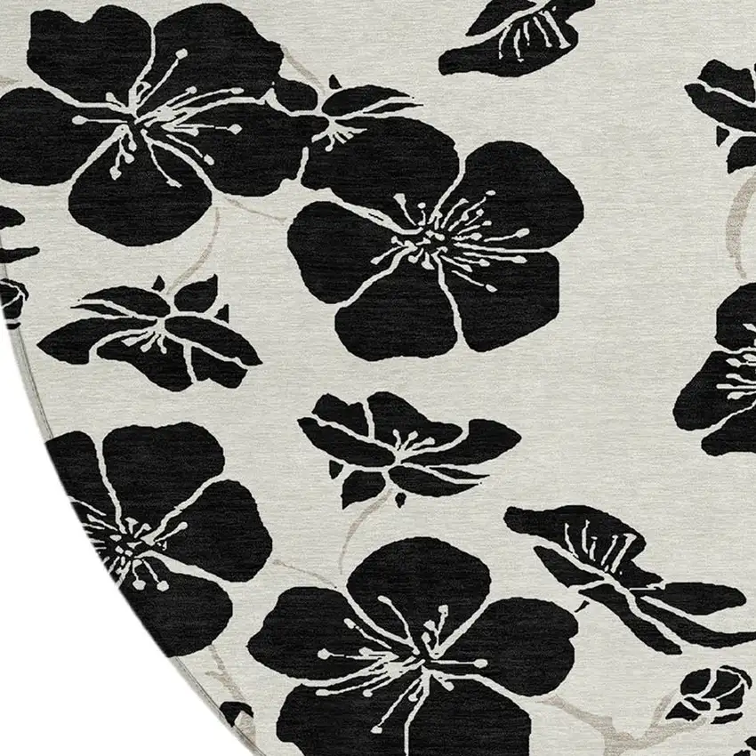 8' Ivory And Black Round Floral Washable Indoor Outdoor Area Rug Photo 4