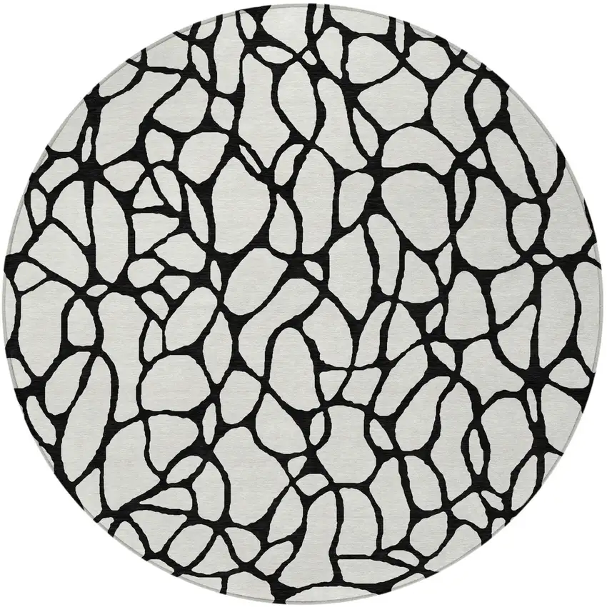 8' Ivory And Black Round Geometric Washable Indoor Outdoor Area Rug Photo 5