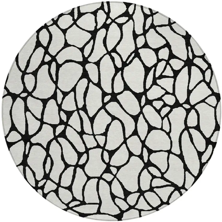 8' Ivory And Black Round Geometric Washable Indoor Outdoor Area Rug Photo 2