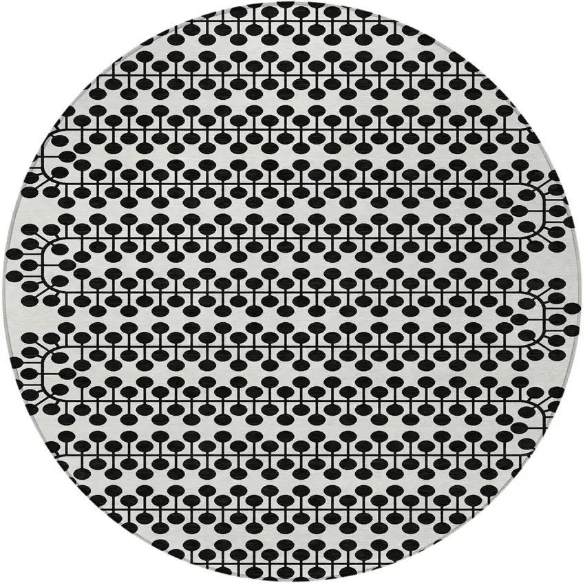 8' Ivory And Black Round Geometric Washable Indoor Outdoor Area Rug Photo 5