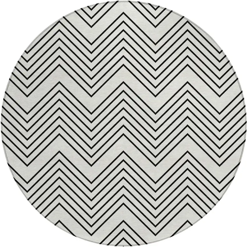 8' Ivory And Black Round Geometric Washable Indoor Outdoor Area Rug Photo 1