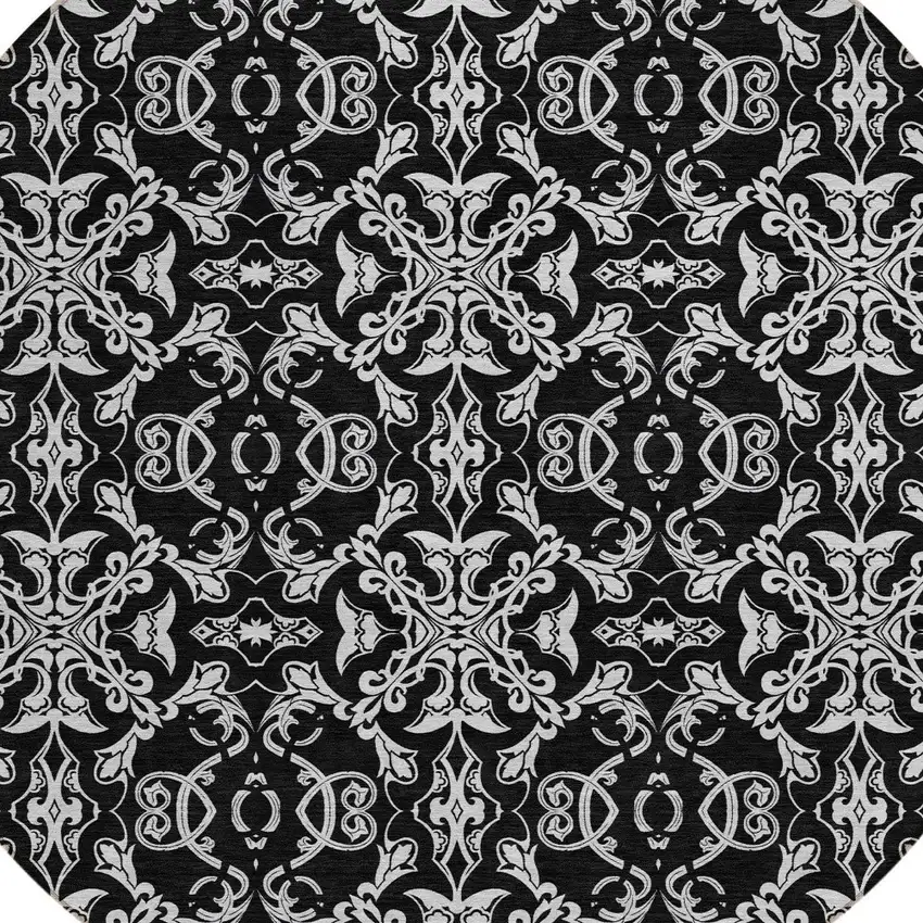 8' Ivory And Black Round Medallion Washable Indoor Outdoor Area Rug Photo 4