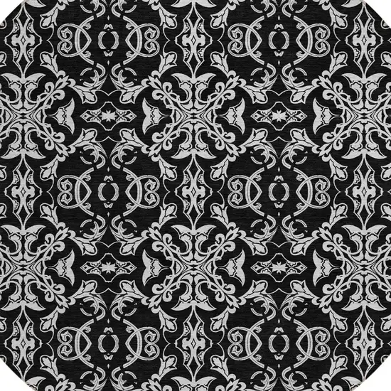 8' Ivory And Black Round Medallion Washable Indoor Outdoor Area Rug Photo 4