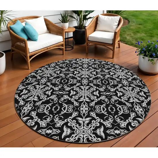 8' Ivory And Black Round Medallion Washable Indoor Outdoor Area Rug Photo 1