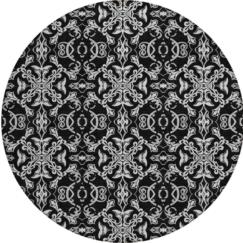 8' Ivory And Black Round Medallion Washable Indoor Outdoor Area Rug Photo 5