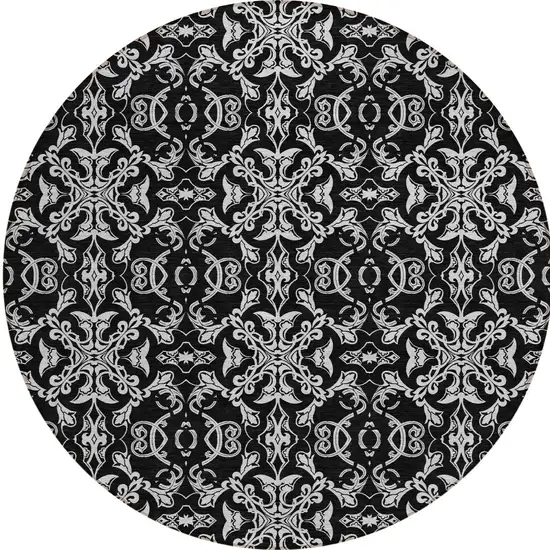 8' Ivory And Black Round Medallion Washable Indoor Outdoor Area Rug Photo 5