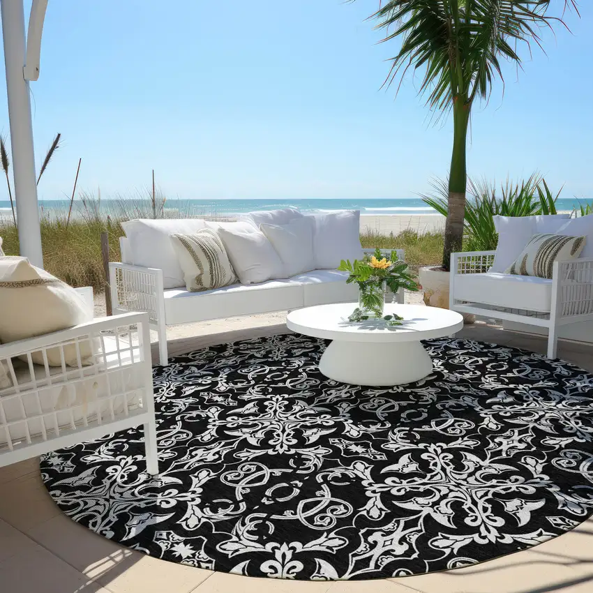 8' Ivory And Black Round Medallion Washable Indoor Outdoor Area Rug Photo 6