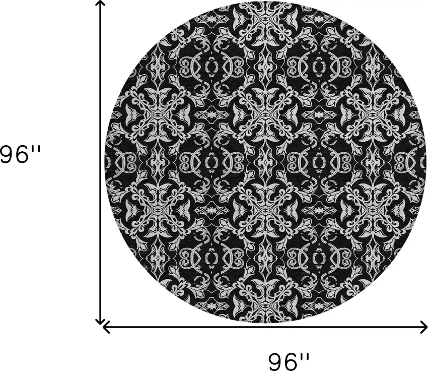 8' Ivory And Black Round Medallion Washable Indoor Outdoor Area Rug Photo 3