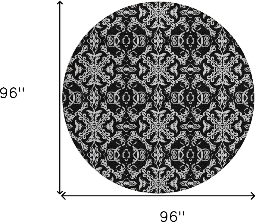 8' Ivory And Black Round Medallion Washable Indoor Outdoor Area Rug Photo 3