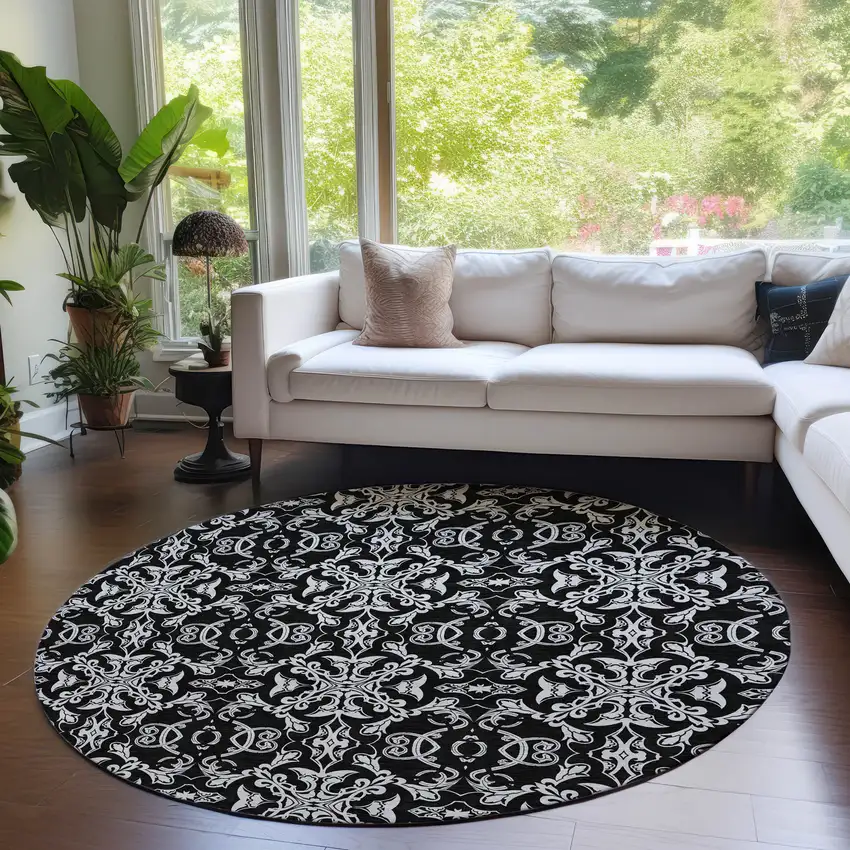 8' Ivory And Black Round Medallion Washable Indoor Outdoor Area Rug Photo 7