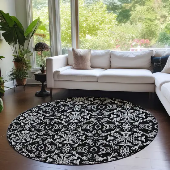 8' Ivory And Black Round Medallion Washable Indoor Outdoor Area Rug Photo 7