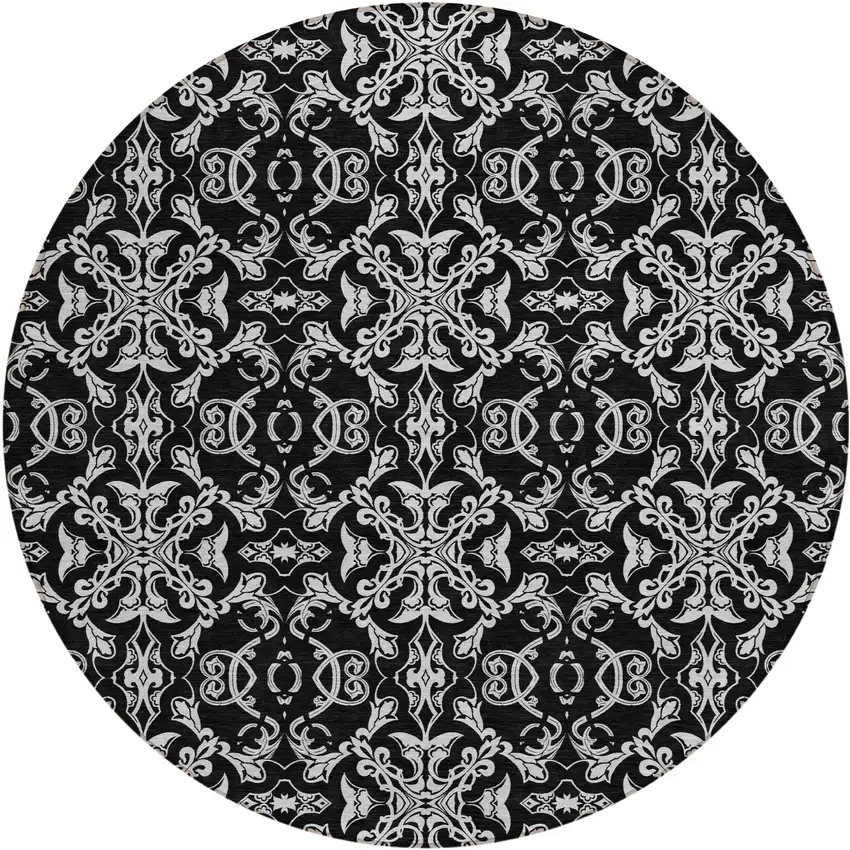 8' Ivory And Black Round Medallion Washable Indoor Outdoor Area Rug Photo 2