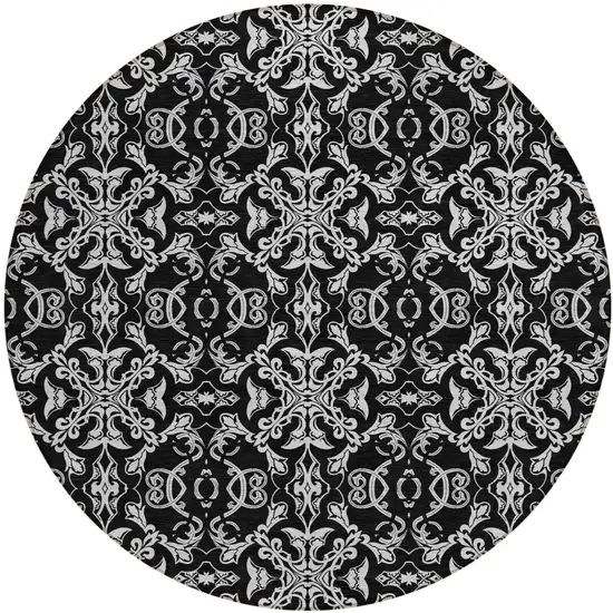 8' Ivory And Black Round Medallion Washable Indoor Outdoor Area Rug Photo 2