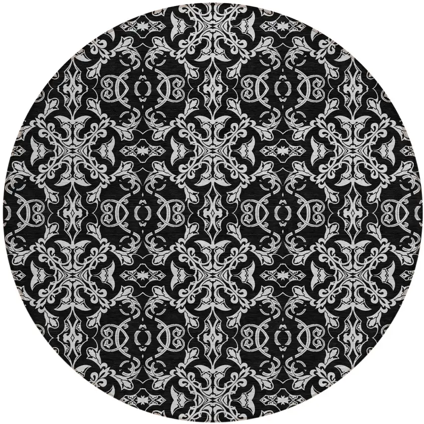 8' Ivory And Black Round Medallion Washable Indoor Outdoor Area Rug Photo 2
