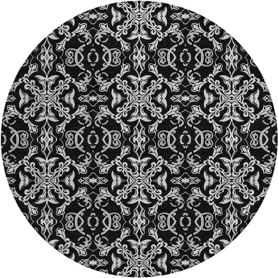 8' Ivory And Black Round Medallion Washable Indoor Outdoor Area Rug Photo 2