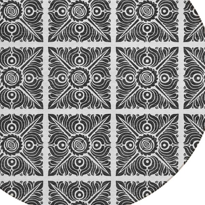 8' Ivory And Black Round Medallion Washable Indoor Outdoor Area Rug Photo 4