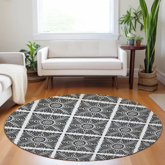 8' Ivory And Black Round Medallion Washable Indoor Outdoor Area Rug Photo 7