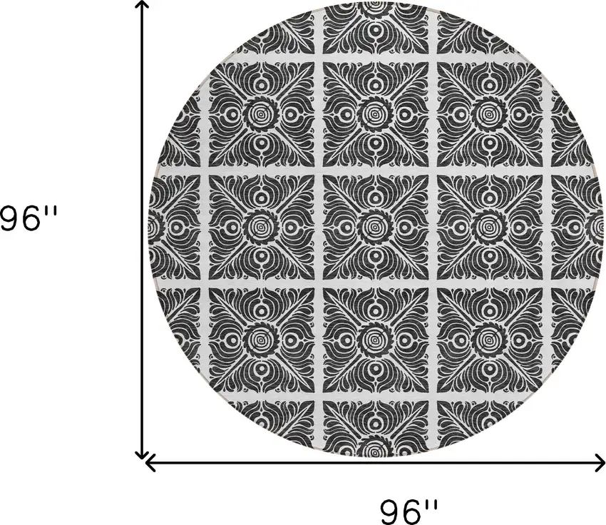 8' Ivory And Black Round Medallion Washable Indoor Outdoor Area Rug Photo 3