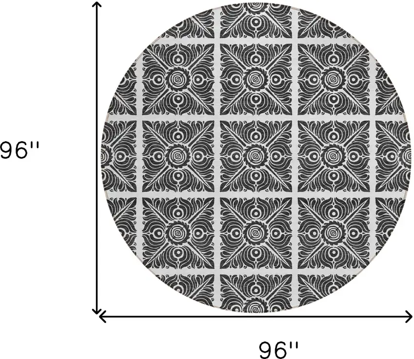 8' Ivory And Black Round Medallion Washable Indoor Outdoor Area Rug Photo 3