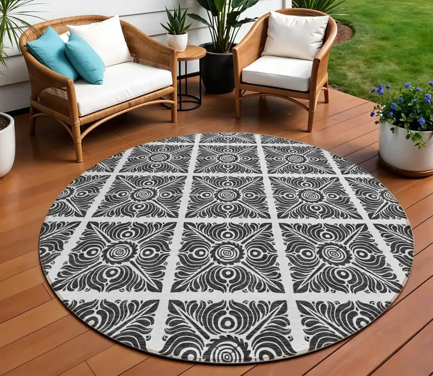 8' Ivory And Black Round Medallion Washable Indoor Outdoor Area Rug Photo 1