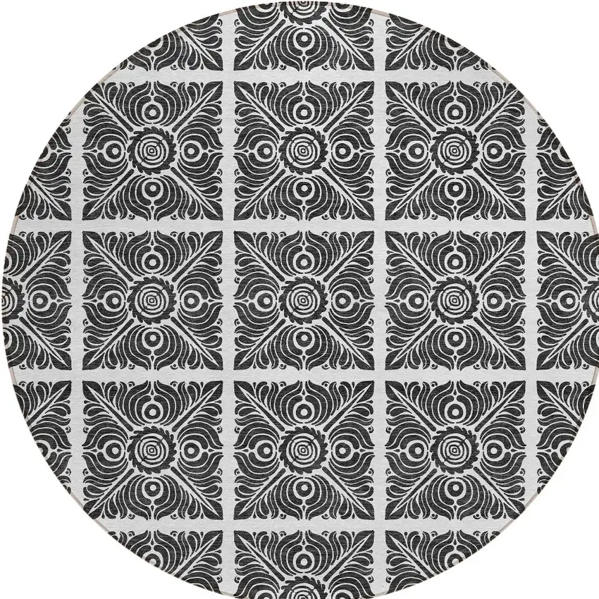 8' Ivory And Black Round Medallion Washable Indoor Outdoor Area Rug Photo 5