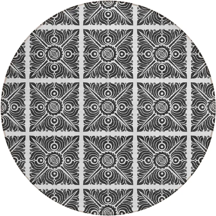 8' Ivory And Black Round Medallion Washable Indoor Outdoor Area Rug Photo 2