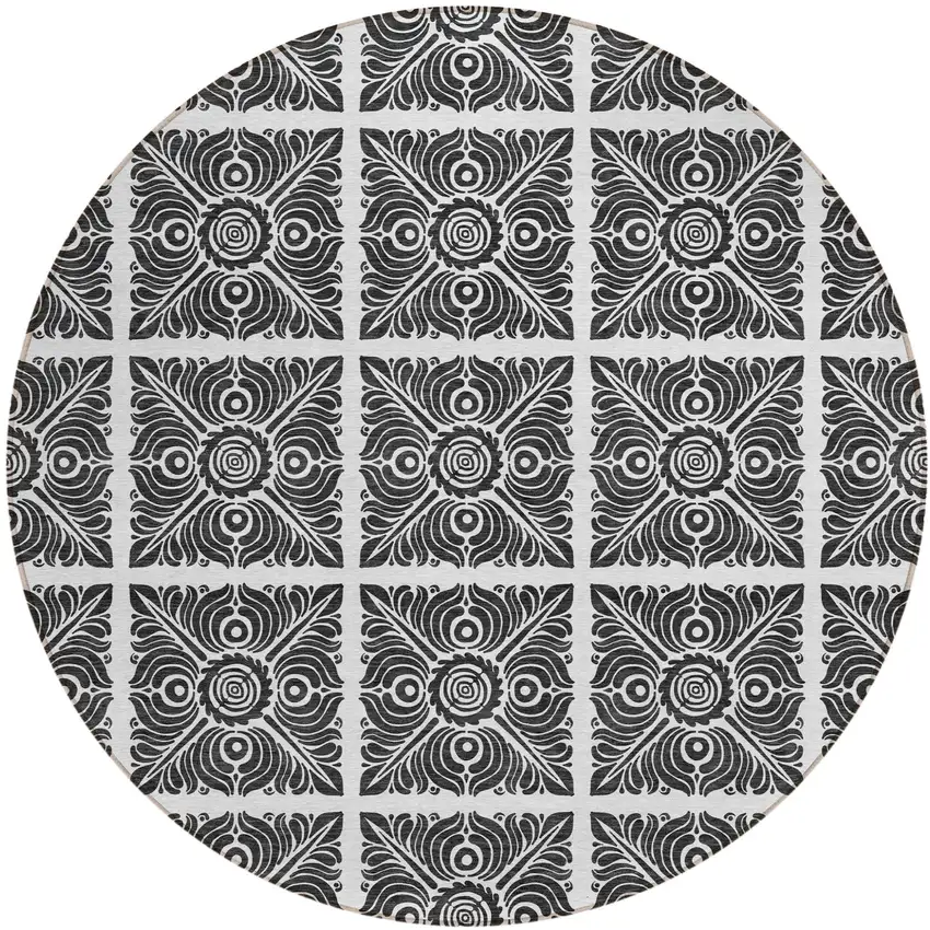8' Ivory And Black Round Medallion Washable Indoor Outdoor Area Rug Photo 2