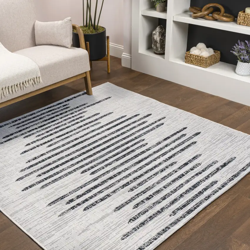 6' Ivory And Black Square Striped Indoor Outdoor Area Rug Photo 4