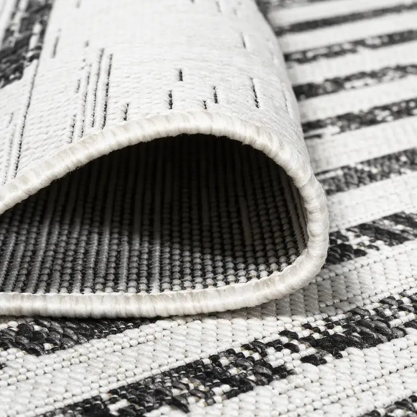9' Ivory And Black Square Striped Indoor Outdoor Area Rug Photo 7