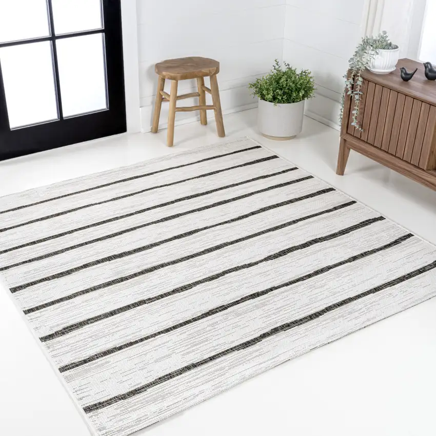 5' Ivory And Black Square Striped Indoor Outdoor Area Rug Photo 4